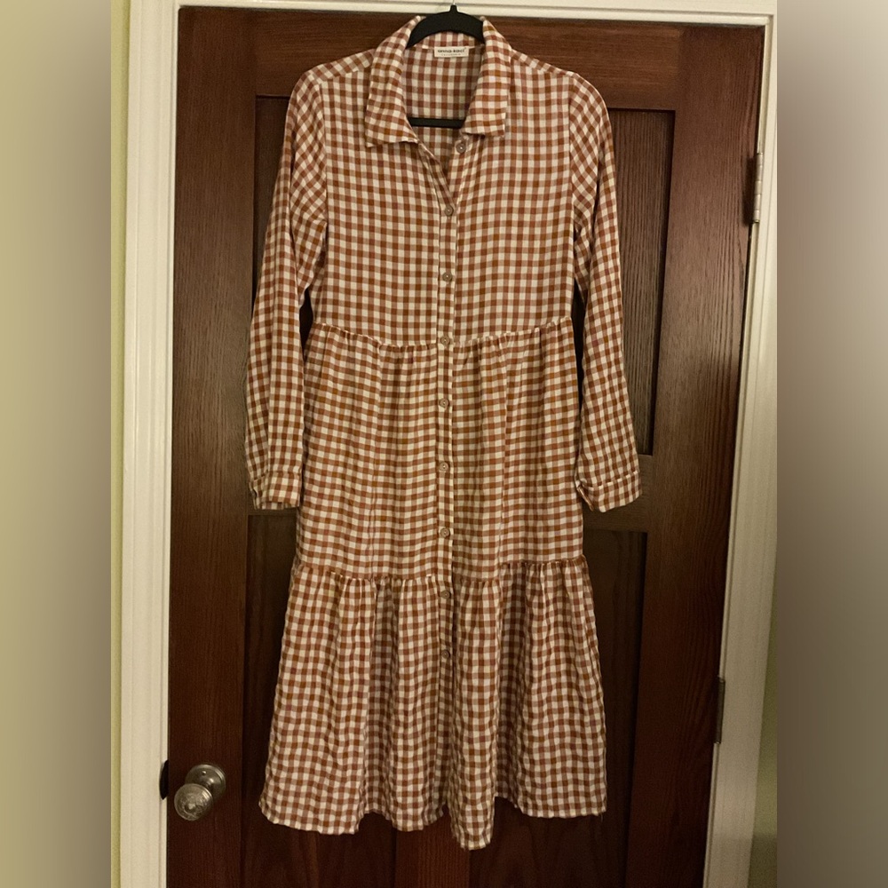 Anna-Kaci Brown White Gingham Plaid Tiered Midi Shirt Dress Small Cottage-core